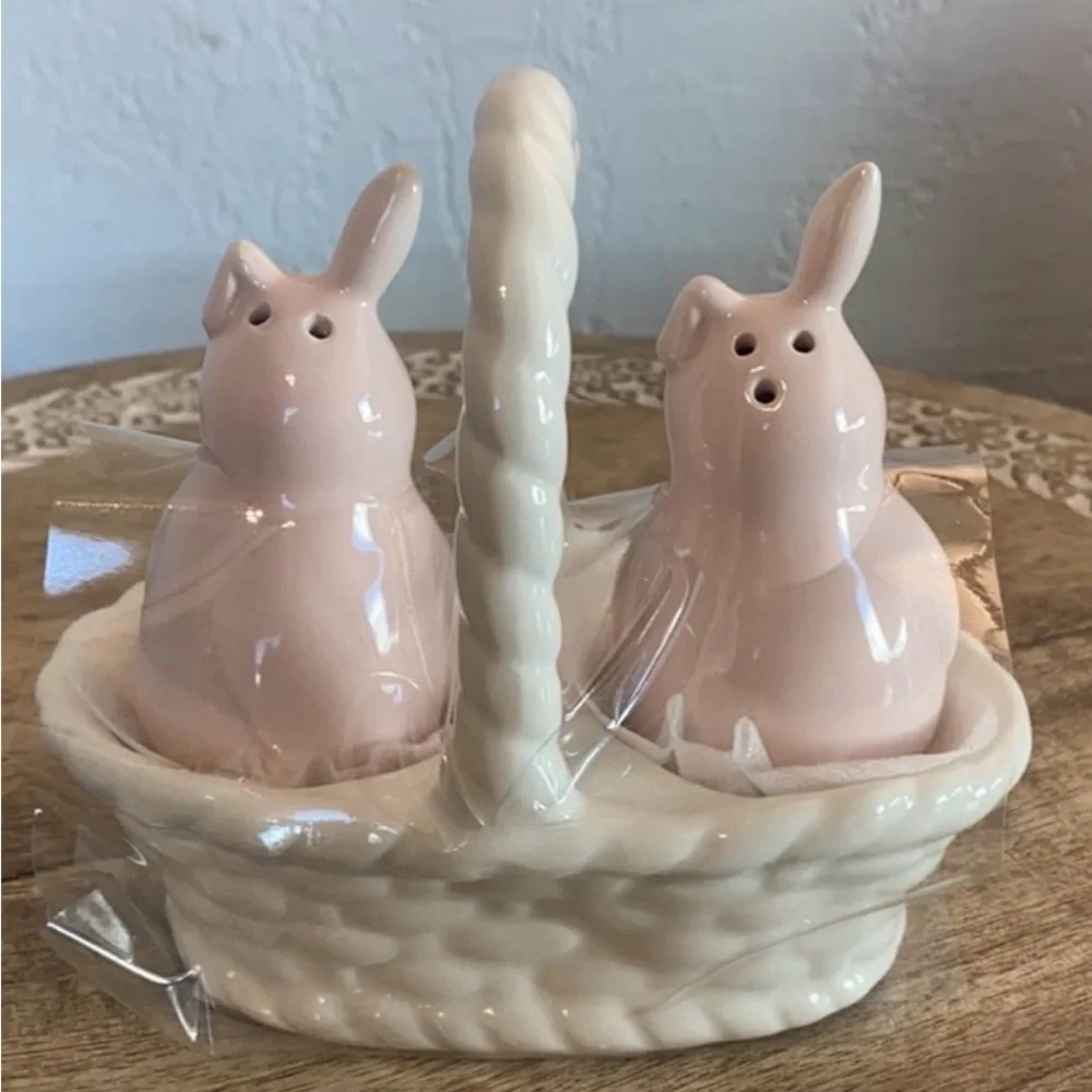 Rae Dunn Ceramic Bunnies Salt and Pepper Shaker Set - Pink and White